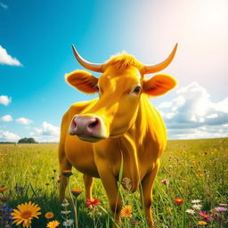 A beautiful and vibrant depiction of a strikingly bright yellow cow, captivating the viewer with its vivid color and presence