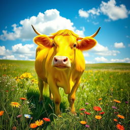 A beautiful and vibrant depiction of a strikingly bright yellow cow, captivating the viewer with its vivid color and presence