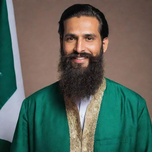 A traditional Pakistani man, dressed in a salwar kameez and sporting a full beard, displaying pride and joy in front of the Pakistani flag.