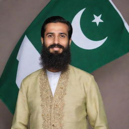 A traditional Pakistani man, dressed in a salwar kameez and sporting a full beard, displaying pride and joy in front of the Pakistani flag.