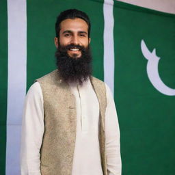 A traditional Pakistani man, dressed in a salwar kameez and sporting a full beard, displaying pride and joy in front of the Pakistani flag.