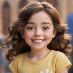 A delightful girl from a Disney Pixar movie, radiating cheerfulness and warmth, with big sparkling eyes, and an infectious smile.