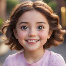 A delightful girl from a Disney Pixar movie, radiating cheerfulness and warmth, with big sparkling eyes, and an infectious smile.