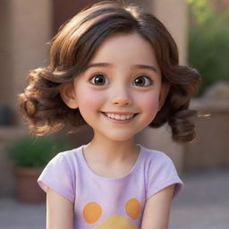 A delightful girl from a Disney Pixar movie, radiating cheerfulness and warmth, with big sparkling eyes, and an infectious smile.