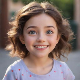 A delightful girl from a Disney Pixar movie, radiating cheerfulness and warmth, with big sparkling eyes, and an infectious smile.