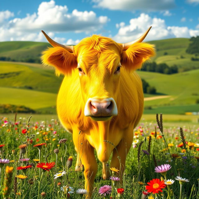 A vibrant depiction of a bright yellow cow that dazzles the viewer, standing proudly in a lush green meadow