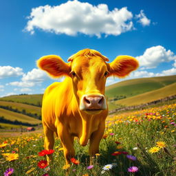 A vibrant depiction of a bright yellow cow that dazzles the viewer, standing proudly in a lush green meadow