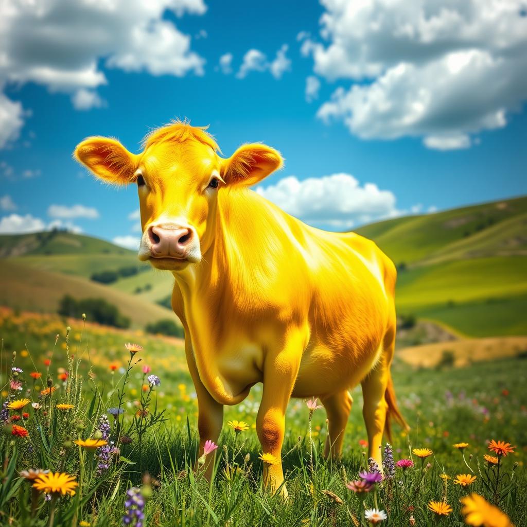 A vibrant depiction of a bright yellow cow that dazzles the viewer, standing proudly in a lush green meadow