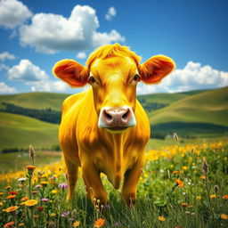 A vibrant depiction of a bright yellow cow that dazzles the viewer, standing proudly in a lush green meadow