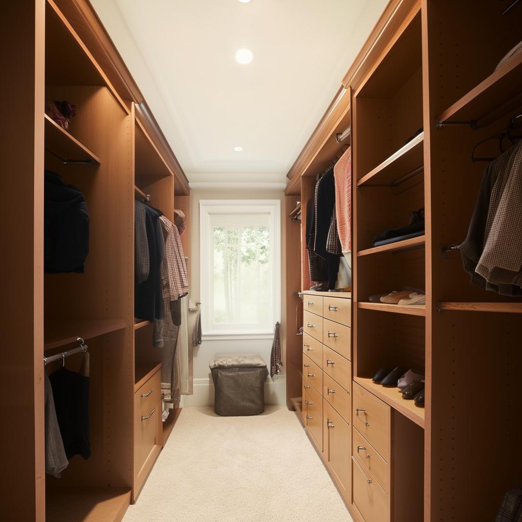 An 8ft long by 4ft wide his and her closet with an 8ft ceiling, designed with distinct spaces for each person and plenty of storage solutions.