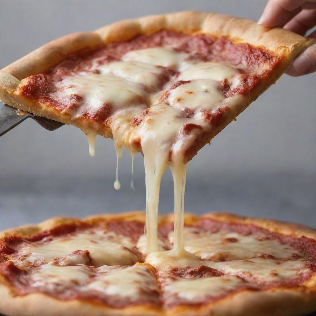 A decadently cheesy pizza with hot, melting cheese stretching tantalizingly as a slice is being lifted.