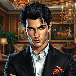 A stunning and highly detailed digital artwork featuring an attractive and handsome dark-haired man with a seductive gaze