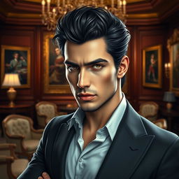 A stunning and highly detailed digital artwork featuring an attractive and handsome dark-haired man with a seductive gaze