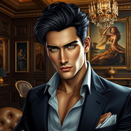 A stunning and highly detailed digital artwork featuring an attractive and handsome dark-haired man with a seductive gaze