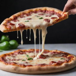 A decadently cheesy pizza with hot, melting cheese stretching tantalizingly as a slice is being lifted.