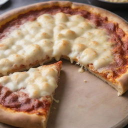 A supremely cheesy pizza with an abundance of gooey, melting cheese that stretches remarkably, creating an ocean of cheese as a slice is lifted - the ultimate cheese-lover's dream.