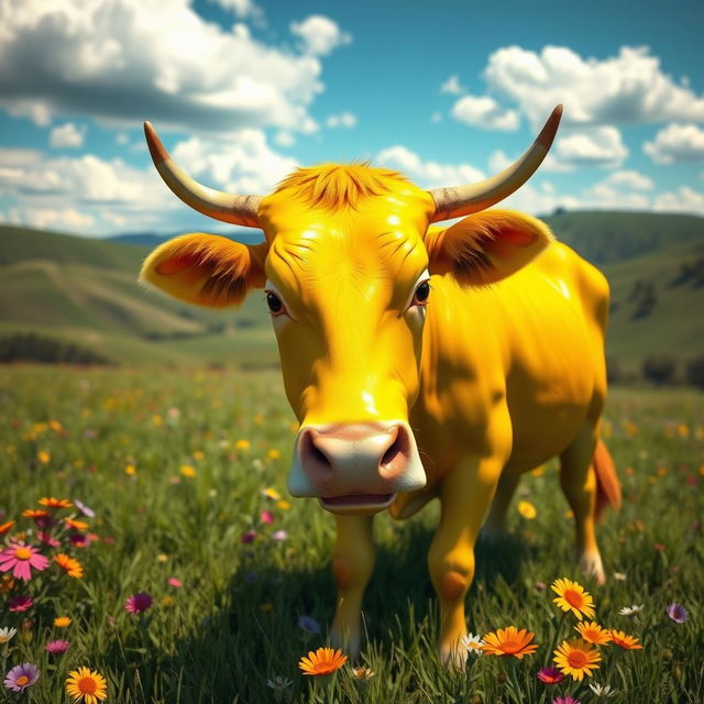 A vibrant 3D rendering of a strikingly bright yellow cow that dazzles the viewer with its vivid color and glossy texture