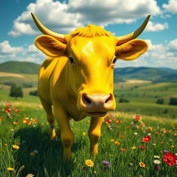 A vibrant 3D rendering of a strikingly bright yellow cow that dazzles the viewer with its vivid color and glossy texture