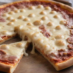 A supremely cheesy pizza with an abundance of gooey, melting cheese that stretches remarkably, creating an ocean of cheese as a slice is lifted - the ultimate cheese-lover's dream.