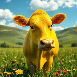 A vibrant 3D rendering of a strikingly bright yellow cow that dazzles the viewer with its vivid color and glossy texture