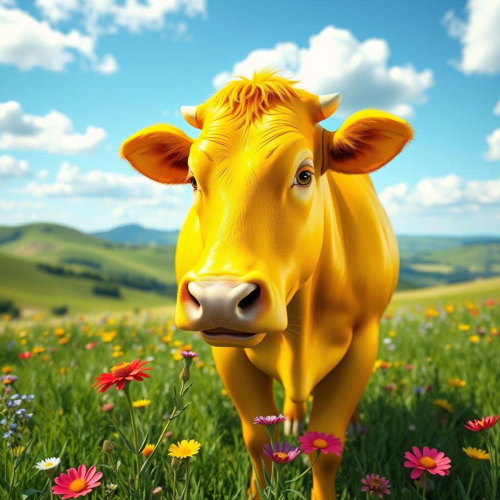 A vibrant 3D rendering of a strikingly bright yellow cow that dazzles the viewer with its vivid color and glossy texture