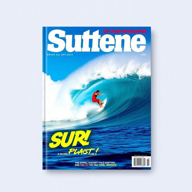 A dynamic book cover design featuring an exhilarating scene of a surfer riding a massive wave in a vibrant ocean