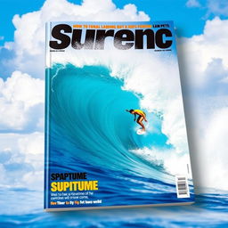A dynamic book cover design featuring an exhilarating scene of a surfer riding a massive wave in a vibrant ocean