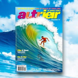 A dynamic book cover design featuring an exhilarating scene of a surfer riding a massive wave in a vibrant ocean