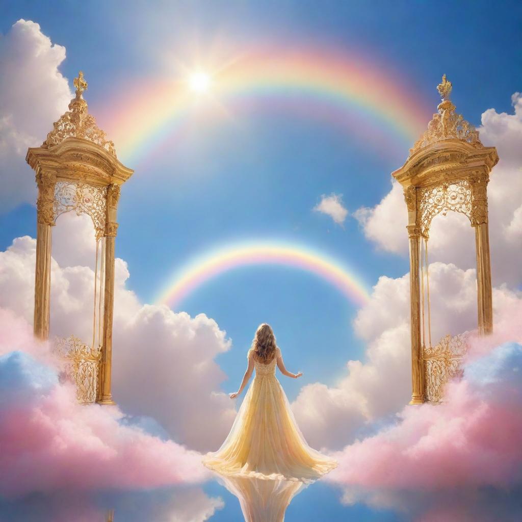 An ethereal depiction of heaven with glistening golden gates, a vibrant rainbow arching over fluffy cotton candy-like clouds, rays of golden sunlight streaming from a peaceful azure sky, and shimmering angels with flowing gowns and luminous halos