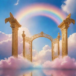 An ethereal depiction of heaven with glistening golden gates, a vibrant rainbow arching over fluffy cotton candy-like clouds, rays of golden sunlight streaming from a peaceful azure sky, and shimmering angels with flowing gowns and luminous halos