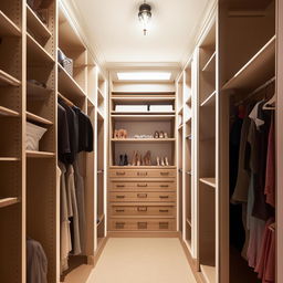 An 8ft long by 4ft wide his and her closet with an 8ft ceiling, designed with distinct spaces for each person and plenty of storage solutions.