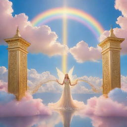 An ethereal depiction of heaven with glistening golden gates, a vibrant rainbow arching over fluffy cotton candy-like clouds, rays of golden sunlight streaming from a peaceful azure sky, and shimmering angels with flowing gowns and luminous halos