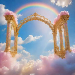 An ethereal depiction of heaven with glistening golden gates, a vibrant rainbow arching over fluffy cotton candy-like clouds, rays of golden sunlight streaming from a peaceful azure sky, and shimmering angels with flowing gowns and luminous halos