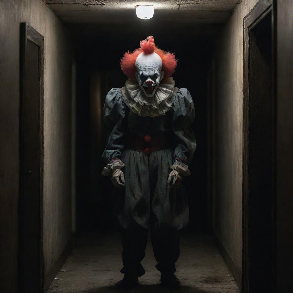 A disturbing horror clown with malevolent grin, bloodshot eyes, and garish makeup, standing menacingly in an eerie haunted house with creaking floors, shadowy corridors, cobwebbed fixtures, and flickering candlelight casting ominous shadows