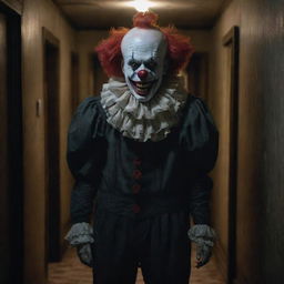 A disturbing horror clown with malevolent grin, bloodshot eyes, and garish makeup, standing menacingly in an eerie haunted house with creaking floors, shadowy corridors, cobwebbed fixtures, and flickering candlelight casting ominous shadows