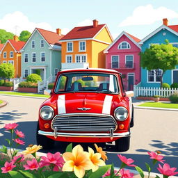 A vibrant and stylish illustration of a classic Mini Cooper parked on a scenic street with colorful houses in the background
