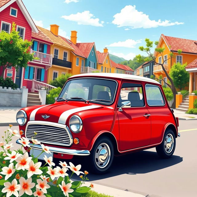 A vibrant and stylish illustration of a classic Mini Cooper parked on a scenic street with colorful houses in the background