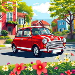 A vibrant and stylish illustration of a classic Mini Cooper parked on a scenic street with colorful houses in the background