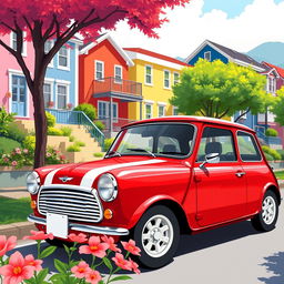 A vibrant and stylish illustration of a classic Mini Cooper parked on a scenic street with colorful houses in the background