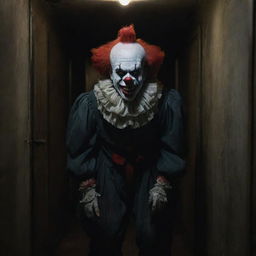 A disturbing horror clown with malevolent grin, bloodshot eyes, and garish makeup, standing menacingly in an eerie haunted house with creaking floors, shadowy corridors, cobwebbed fixtures, and flickering candlelight casting ominous shadows