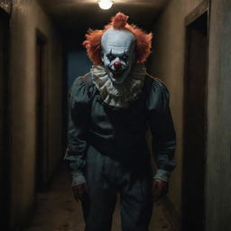 A disturbing horror clown with malevolent grin, bloodshot eyes, and garish makeup, standing menacingly in an eerie haunted house with creaking floors, shadowy corridors, cobwebbed fixtures, and flickering candlelight casting ominous shadows