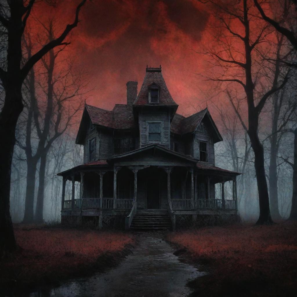 A cover page of a horror movie featuring a dimly-lit, creepy haunted house tucked away in a desolate forest, a blood-red full moon casting ominous shadows, bare trees reaching out like skeletal hands, and the title in dripping, chilling font