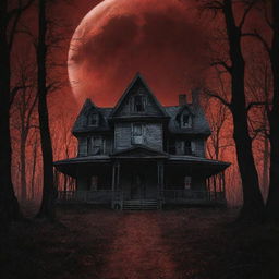 A cover page of a horror movie featuring a dimly-lit, creepy haunted house tucked away in a desolate forest, a blood-red full moon casting ominous shadows, bare trees reaching out like skeletal hands, and the title in dripping, chilling font