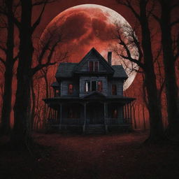 A cover page of a horror movie featuring a dimly-lit, creepy haunted house tucked away in a desolate forest, a blood-red full moon casting ominous shadows, bare trees reaching out like skeletal hands, and the title in dripping, chilling font