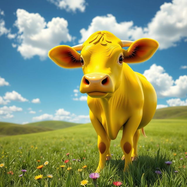 A stunning 3D illustration of a bright yellow cow that captivates the viewer with its vivid color and glossy sheen