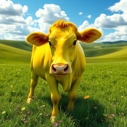 A stunning 3D illustration of a bright yellow cow that captivates the viewer with its vivid color and glossy sheen