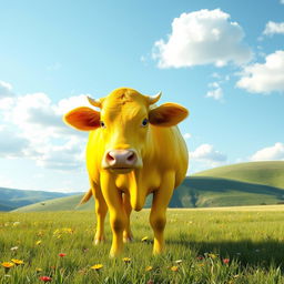 A stunning 3D illustration of a bright yellow cow that captivates the viewer with its vivid color and glossy sheen
