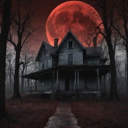 A cover page of a horror movie featuring a dimly-lit, creepy haunted house tucked away in a desolate forest, a blood-red full moon casting ominous shadows, bare trees reaching out like skeletal hands, and the title in dripping, chilling font