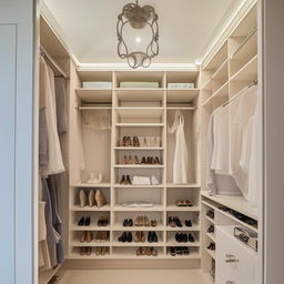 An 8ft long by 4ft wide his and her closet with an 8ft ceiling, designed with distinct spaces for each person and plenty of storage solutions.