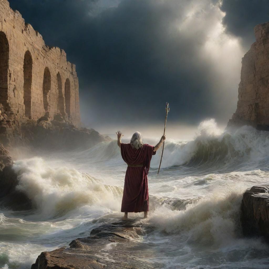 A dramatic image of Moses standing firm, his staff aloft, as he parts the tumultuous sea, revealing a dry pathway in the midst of towering walls of water, under a stormy sky pierced by beams of divine light